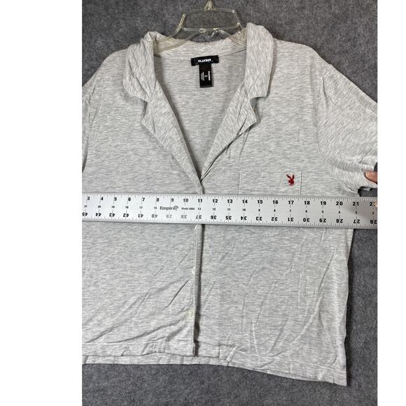 Playboy Pajama Set Womens Medium Gray Button Front Top Shorts Sleepwear Lounge - Picture 10 of 14